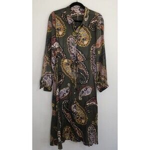 Esqualo Paisley Moss Green Collared Buttoned Ties MIDI Dress 8 Viscose